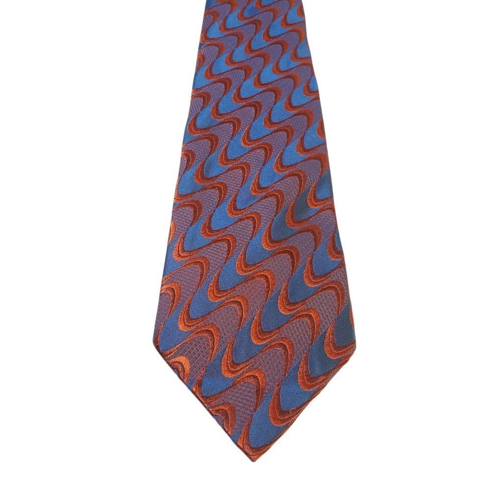 Alexiano Mens Tie Necktie Luxury Orange Blue Abstract Stripes Handmade. Business